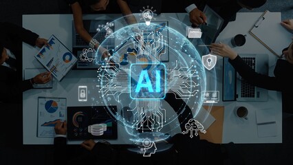 A dynamic meeting scene showcasing artificial intelligence concepts integrated with data analytics. Professionals collaborate using digital tools in a modern office layout. Raster
