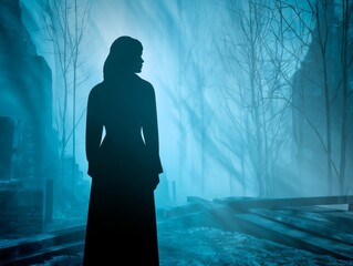 Halloween eerie image, girl spirit standing in misty cemetery at night