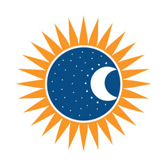 Vector icon of sun and moon, colorful versions isolated on white background.