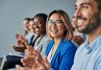 Diverse group of people in a conference or presentation, smiling and clapping enthusiastically, showing engagement and appreciation