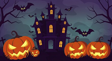 Spooky Halloween Night Illustration with Haunted House, Bats, and Jack-o'-Lanterns for a Frightfully Fun Holiday Celebration Design