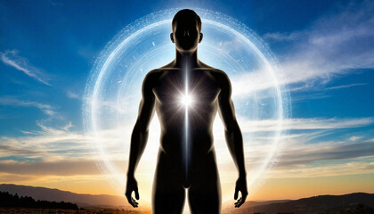 Obraz premium Silhouette of a person with glowing heart and glowing aura outdoors 