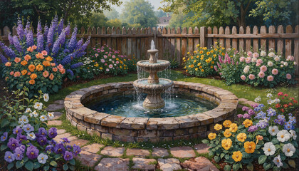 Peaceful garden with stone fountain surrounded by colorful flowers  