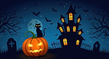 Spooky Halloween Night Illustration with Haunted House, Black Cat on Pumpkin, Bats Flying and Tombstones Under Full Moon, a Scary