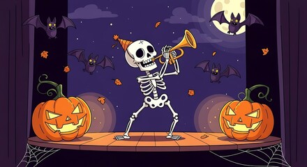 Spooky Skeleton Plays Trumpet Under Full Moon with Bats and Jack-o'-Lanterns
