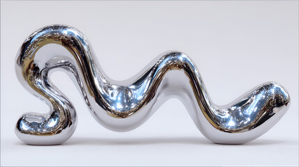 The object has an organic, molten, or blob-like form with undulating curves and three main protruding masses. Its surface is a brilliant chrome or silver finish,