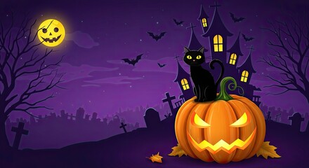 Spooky Halloween Night Scene: A Black Cat, Carved Pumpkin, and Haunted House Under the Glowing Moon on a Purple Background.