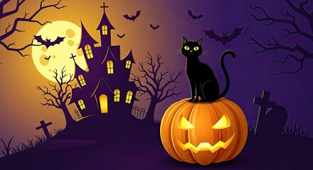 Spooky Halloween Night Scene with Black Cat and Haunted House Illuminated by Moonlight, Creating a Festive and Eerie Holiday Atmosphere