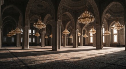 Ornate hall with rows of chandeliers, arches, columns, and detailed carpet