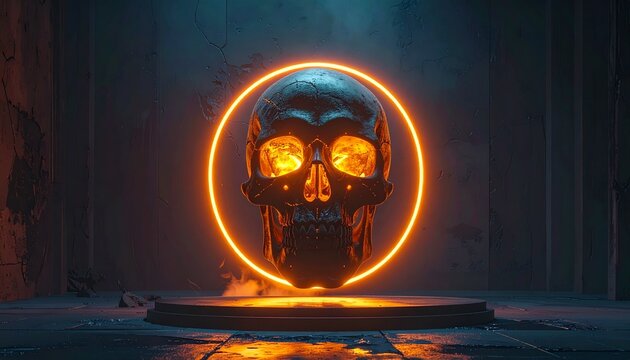 A dark metallic skull with glowing orange eyes floats within a neon ring on a pedestal in a futuristic setting. - Powered by Adobe