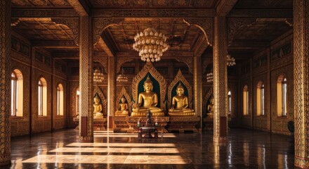 Obraz premium Ornate interior with golden Buddhas, columns, chandelier, sunlit floor