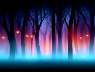 Halloween concept, Illustration scary monster eyes glowing in foggy dark forest