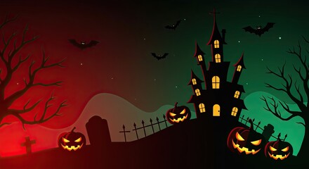 Spooky Halloween Night Scene with Haunted House, Jack-o'-lanterns, Tombstones, Bats, and Eerie Trees for Trick-or-Treat Fun and Celebration