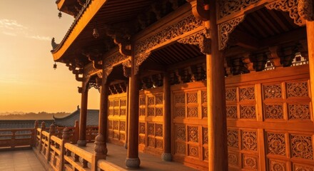 Fototapeta premium Ornate wooden structure with carvings under soft, warm sunset light