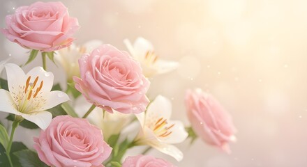 Delicate Pink and White Roses with Soft Focus and Dewy Petals