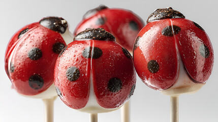 The main edible part is round, coated in a bright red, glossy candy shell that features the characteristic black spots of a ladybug. The heads are darker, possibly chocolate or crushed sprinkles