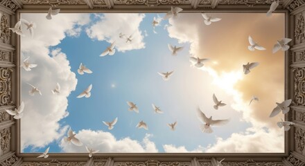 A flock of white doves soars through a bright, cloudy sky framed by ornate architectural details.