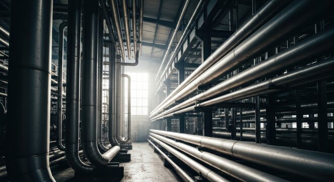 Pipes stretch endlessly in a metallic corridor with light at the end