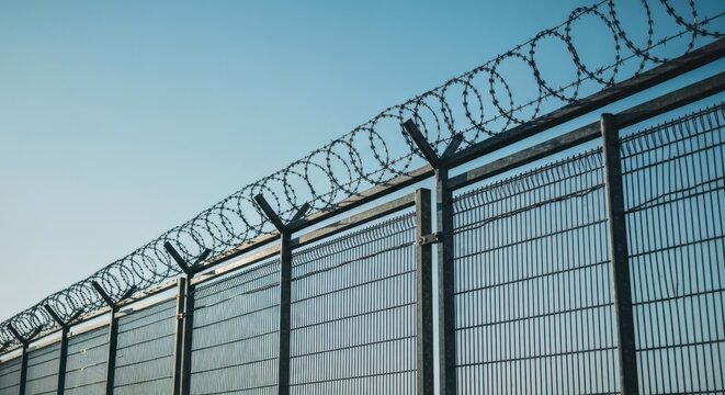 Razor wire atop metal fence against blue sky