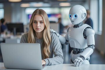 Woman and AI humanoid robot work together and collaborating while looking at a laptop, symbolizing AI partnership help job