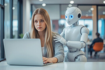 Woman and AI humanoid robot work together and collaborating while looking at a laptop, symbolizing AI partnership help job