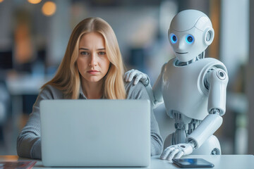 Woman and AI humanoid robot work together and collaborating while looking at a laptop, symbolizing AI partnership help job