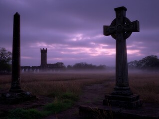 Cemetery full of tombstones under dark spooky sky. Halloween scene