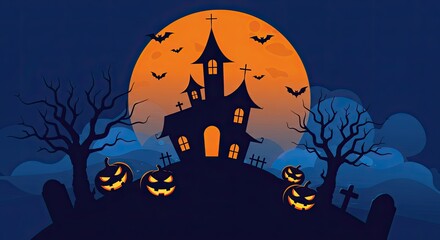 Spooky Halloween Night Vector Illustration Featuring Haunted House with Pumpkins and Bats in Front of a Full Moon and Tombstones