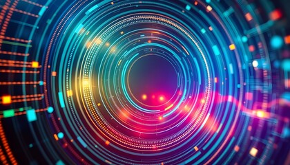 Abstract digital vortex with glowing concentric circles and data streams, representing technology and information flow.