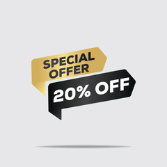 "3D rendered special offer, 20% off, yellow and black geometric shapes, minimalist clean modern design, floating elements, dynamic composition, subtle shadows, high-quality digital illustration"
