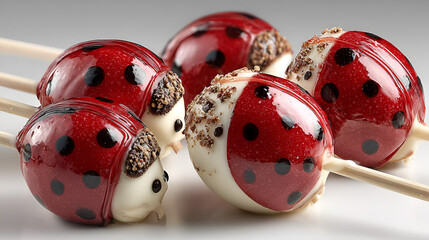 The main edible part is round, coated in a bright red, glossy candy shell that features the characteristic black spots of a ladybug. The heads are darker, possibly chocolate or crushed sprinkles