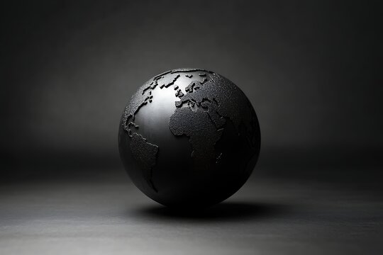A striking monochrome image of a textured black globe, symbolizing global connectivity and environmental awareness in a modern, minimalist style.