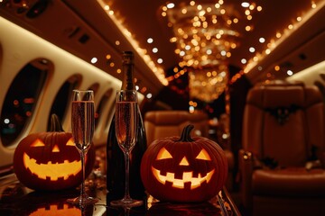 pumpkins with carved faces and champagne glasses on the table in a luxurious airplane with a warm garland and soft light create the atmosphere of an elite Halloween celebration in flight.