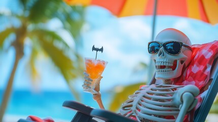 a skeleton with a cocktail under a tropical umbrella.
A funny skeleton in sunglasses, relaxing on a chaise longue on the beach with a colorful cocktail under palm trees. tropical Halloween vacation.