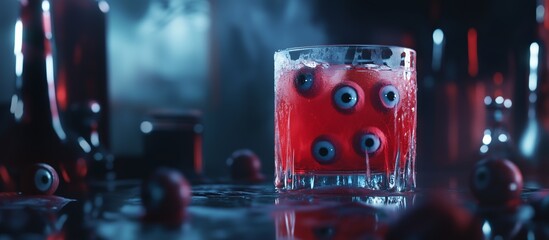 creepy cocktail with eyeball decorations.Chilling Halloween Cocktail with Red Liquid and Floating Eyeballs in a Glass on a Dark Bar Surface Surrounded by Scattered Eyeballs and Bottles. copy space.