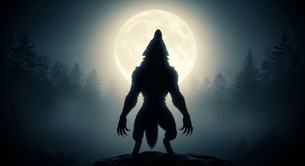 Werewolf Silhouette Howling at Full Moon in Dark Misty Forest