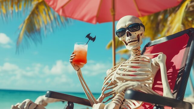 A skeleton relaxing with a cocktail on a tropical beach.A skeleton in sunglasses sitting on a chaise longue with a Halloween cocktail under tropical palm trees on a sunny seaside vacation. copy space