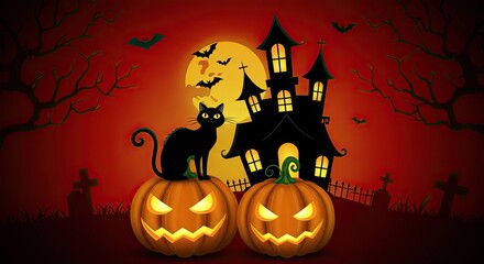 Spooky Halloween Night with Black Cat and Jack-o'-Lanterns in Front of a Haunted House in a Graveyard Scene