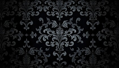 Fototapeta premium Elegant dark damask wallpaper pattern with intricate floral and scroll details, creating a luxurious backdrop.