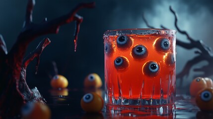 spooky red cocktail with eyeballs.Halloween Cocktail Glass Filled with Red Liquid and Floating Eyeballs Surrounded by Creepy Tree Branches and Scattered Eyeballs on Dark Table. copy space.