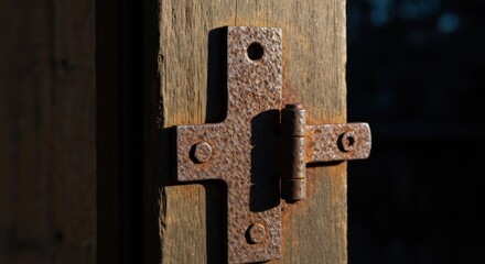 Rusty metal hinge on weathered wood post