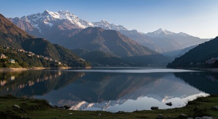 Naklejka premium Serene lake reflection of snow-capped mountains; lush green hillsides surround water