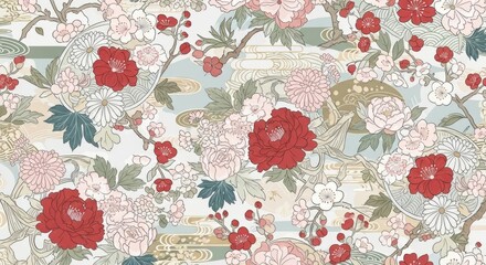 Elegant floral pattern with red and pink peonies on a textured background