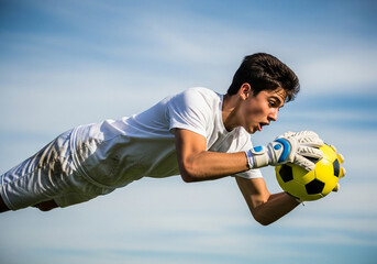 Young male soccer goalkeeper diving to catch the ball during a match under a blue sky