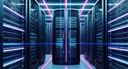 Server room with rows of illuminated racks and futuristic neon lighting