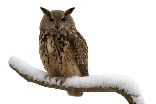 Eurasian eagle owl perching on snowy branch