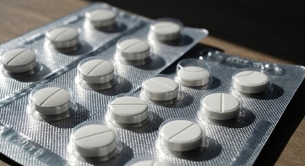 Silver blister packs of white, round pills with a scored line on wood