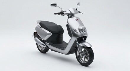 Obraz premium Silver motor scooter with black seat against a white backdrop, right side view