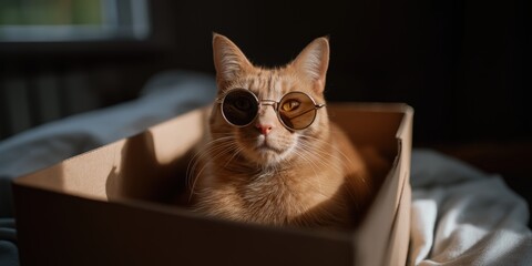 Orange tabby cat in sunglasses relaxing in a cardboard box