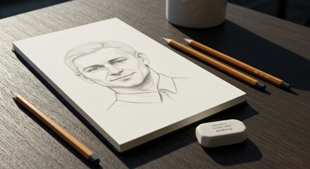 Sketch of a man on a notepad, pencils, and eraser on a dark wooden surface